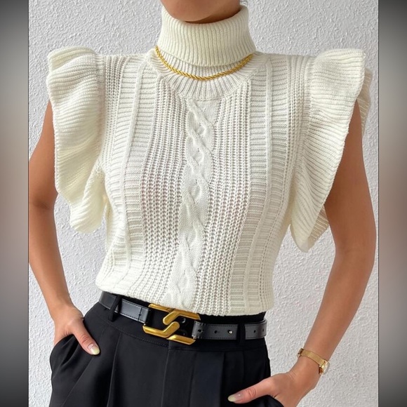 ✨Turtle Neck Ruffle Trim Cable Knit Sweater Vest - Picture 3 of 8